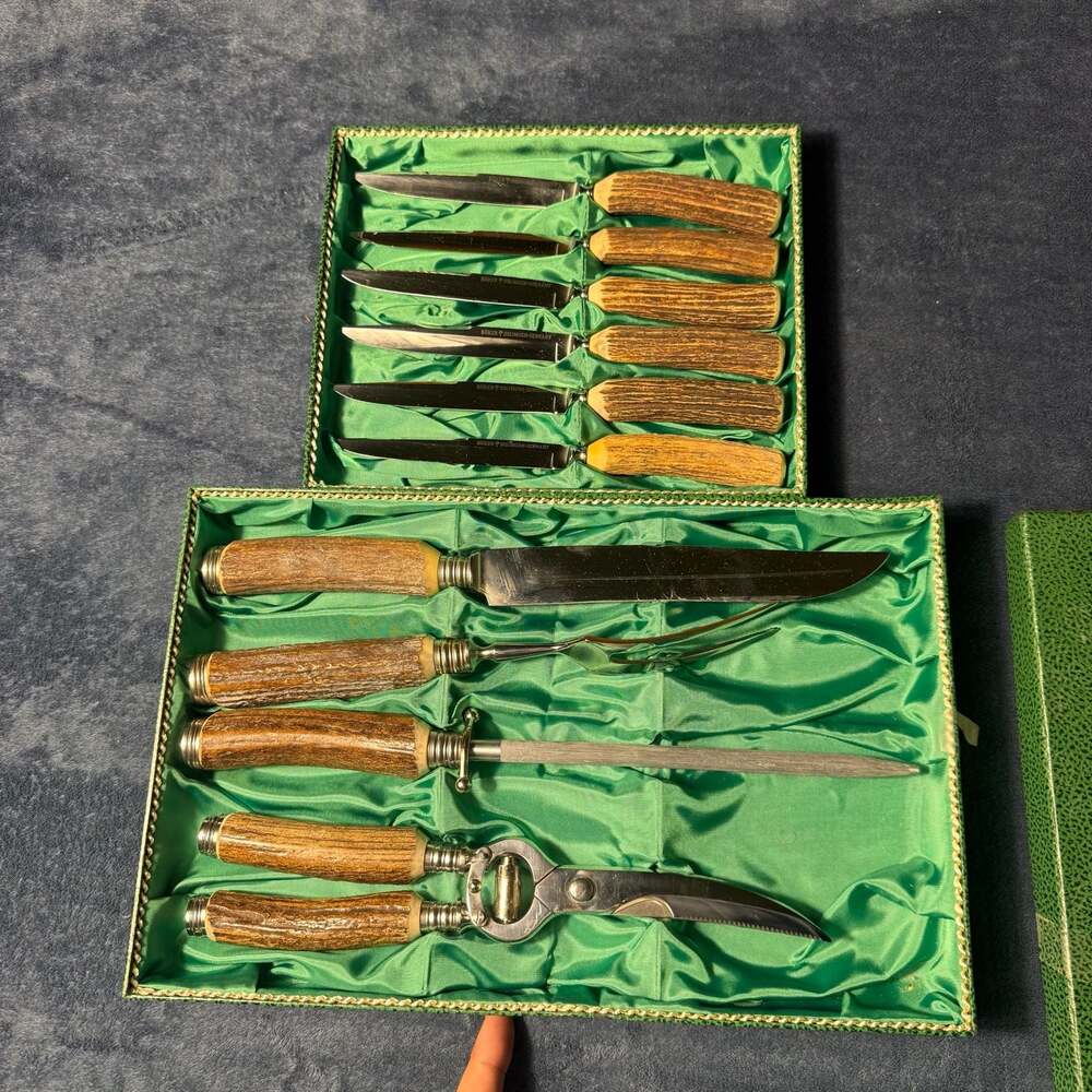 Vintage Boker Solingen Germany Stag Handle 11-Piece Carving and Steak Knife Set
